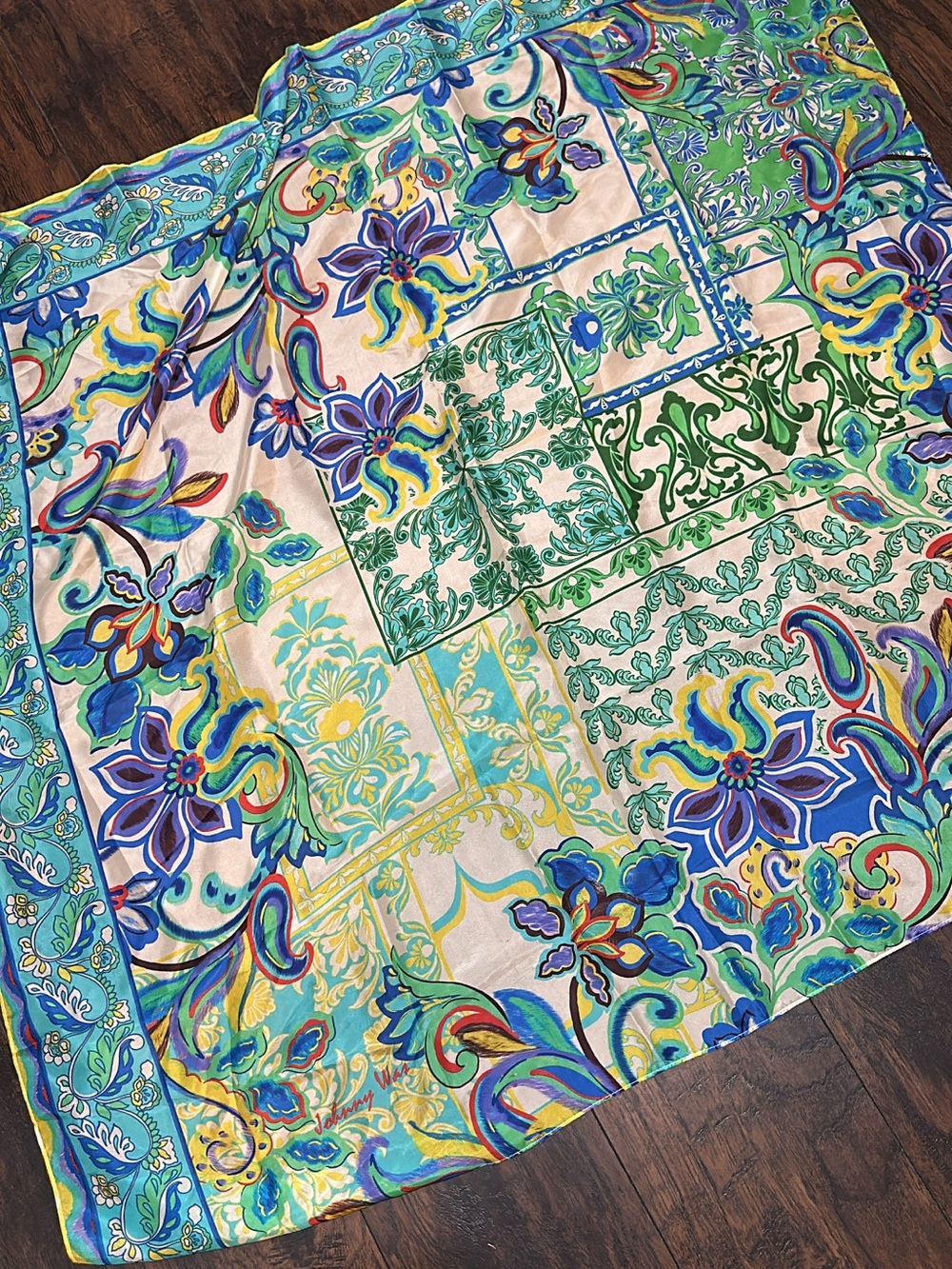 Johnny Was Multicolor Floral Patchwork silk scarf Green Blue Yellow